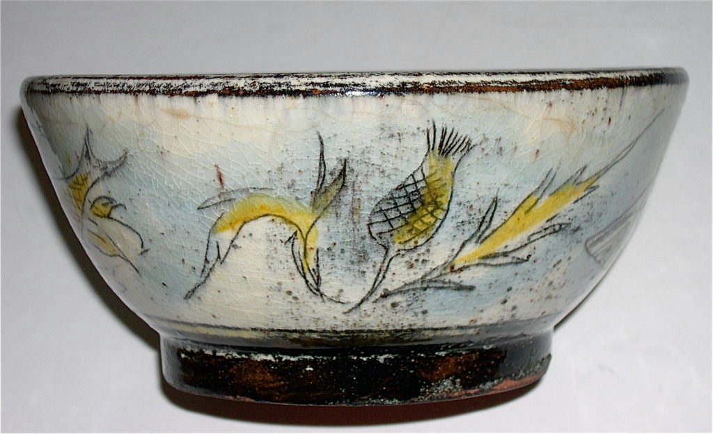 Handmade and Artist Decorated Pottery Bowl by Henry Varnum Poor at 1stDibs