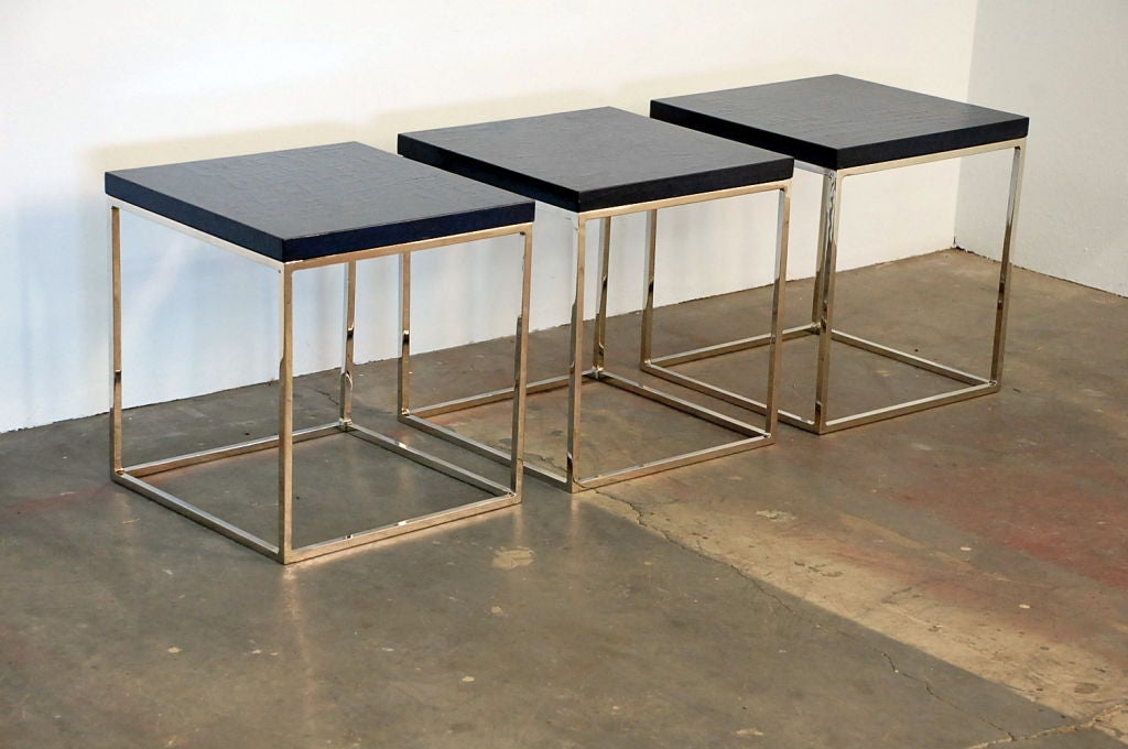 Set of 3 blue crackled lacquer and nickel occasional tables