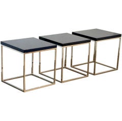 Set of 3 blue crackled lacquer and nickel occasional tables
