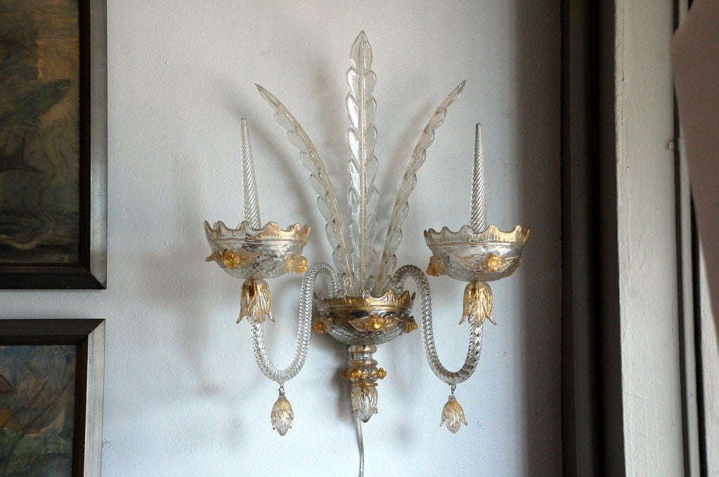 Pair of hand-blown clear and gilded Murano glass sconces