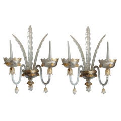 Pair of hand-blown clear and gilded Murano glass sconces