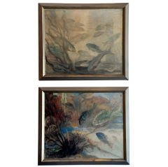 Pair of aquatic oil paintings by René Mendes-France