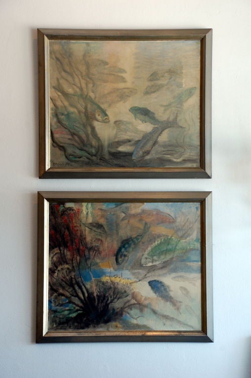 Pair of aquatic oil paintings by René Mendes-France