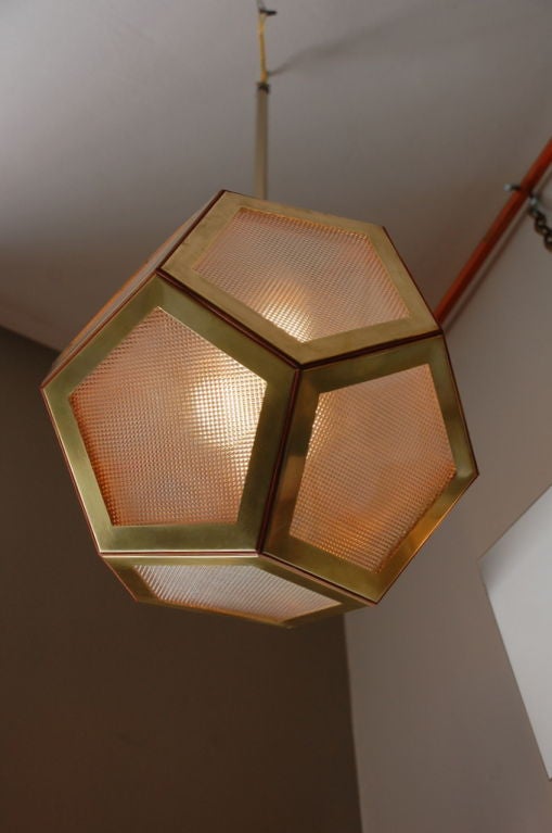 Austrian Geometric Brass, Tan Leather and Glass 'Pentagone' Lantern by Design Frères For Sale