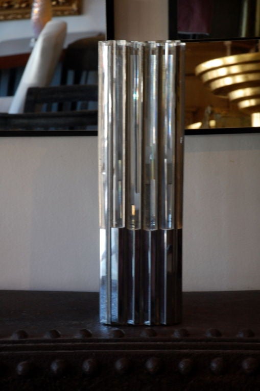 Unusual Lucite and chrome 1970s column lamp. Ingenious 3 way lighting system: all on, half on, all off.
