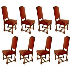 Set of 8 large aged red leather French chateau dining chairs