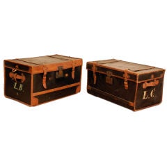 Pair of French leather travel trunks