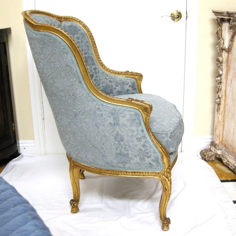 Late 19th Century French Carved Giltwood Bergere, Upholstered in Cut Blue Velvet