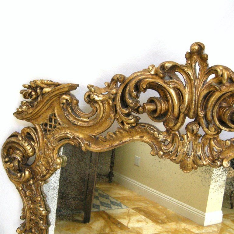 French Louis XV Style Carved Giltwood Over Mantle Mirror with Antiqued/Distressed Mirror-Glass.