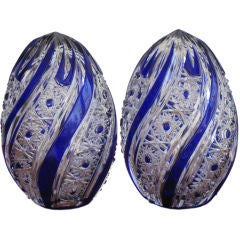 PAIR OF COBALT BLUE AND CLEAR CUT CRYSTAL EGGS
