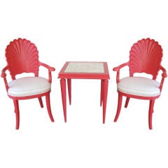SET OF TWO SHELL BACK ARMCHAIRS AND TABLE