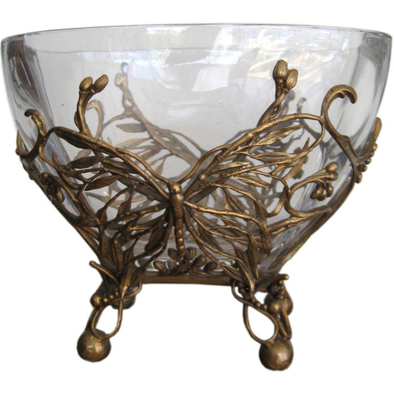 ART NOUVEAU BRONZE AND GLASS ORMOLU BOWL