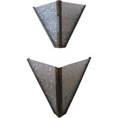 PAIR OF ART DECO IRON BRONZE AND GLASS SCONCES