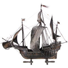 Painted Wood and Leather Scale Model Ship of the Santa Maria