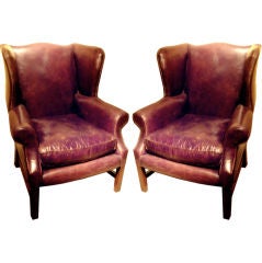 One Pair Of English Style Wing Back Club Chairs With Distressed