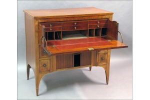 Handsome and functional Regency mahogany fall front desk, server, entry way piece, great inlay, elegant form.  Exceptional exaggerated arched foot.