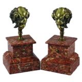Antique Pair Of 19th Century Asian Bronze Mounts On Rouge Marble Bases
