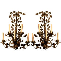 ONE PAIR OF MONUMENTAL ITALIAN TOLE FIVE ARM SCONCES.