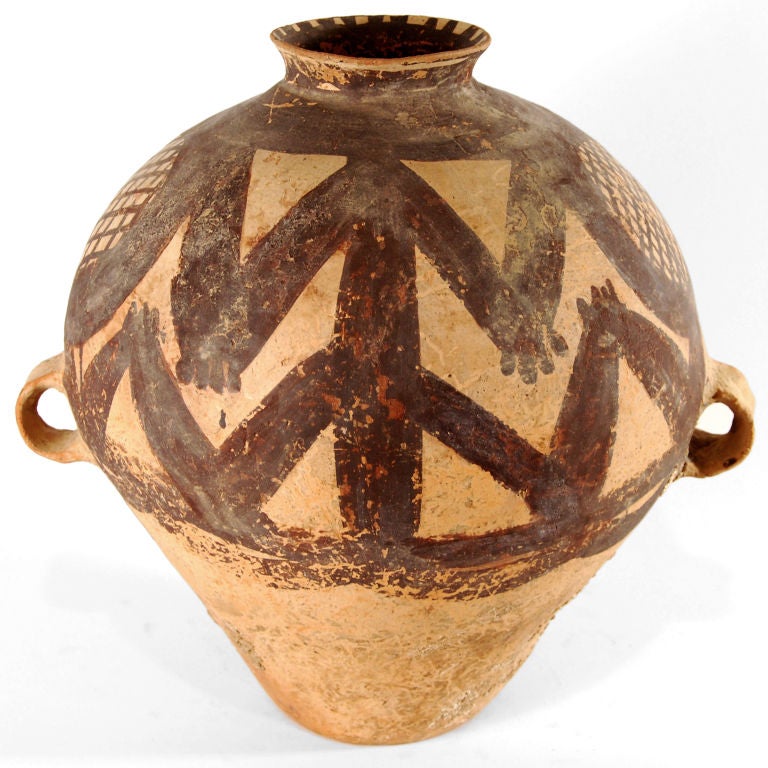 A Chinese Neolithic Period burnished orange buff earthenware storage jar with painted figural decoration.  From a private Chicago collection.<br />
<br />
Pagoda Red Collection #:  CFL001<br />
<br />
Keywords:  Pot, pottery, urn, jar, vessel,