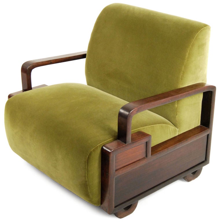 Chinese Deco blackwood sofa and two chairs reupholstered in apple green Vervain cotton velvet.<br />
<br />
Pagoda Red Collection #:  S148<br />
<br />
<br />
Keywords:  Sofa, chair, club, suite, living room, couch, davenport, Deco, Shanghai,