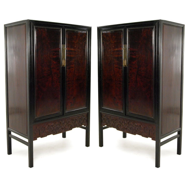 Pair of Burlwood Cabinets with Carved Apron