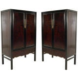 Antique Pair of Burlwood Cabinets with Carved Apron