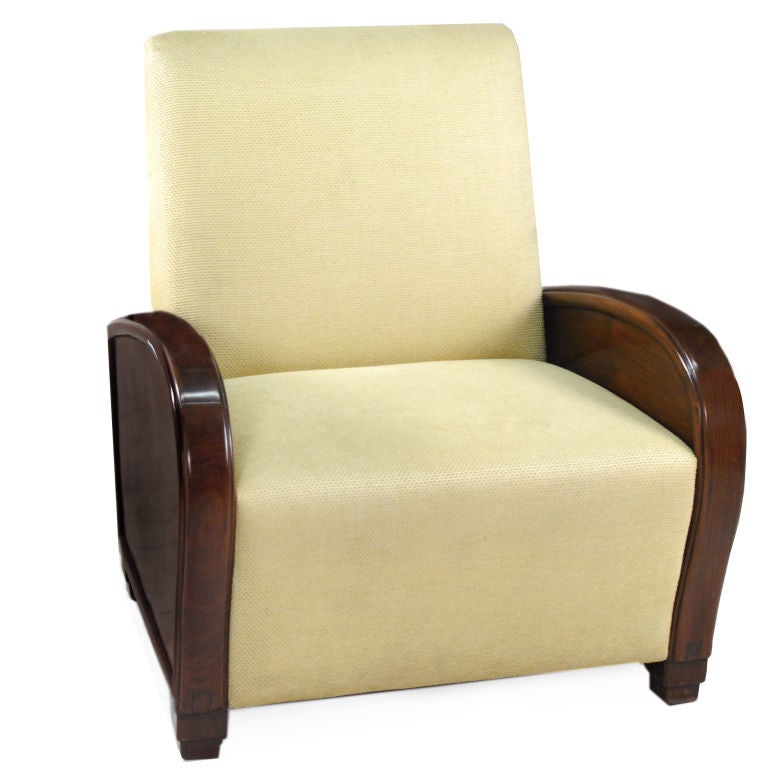 A rosewood Chinese Deco chair recently upholstered in yellow chenille, with curved arms and stepped feet.  <br />
<br />
Pagoda Red Collection #:  GDD022<br />
<br />
<br />
Keywords:  Chair, seating, Deco, club, bench, stool