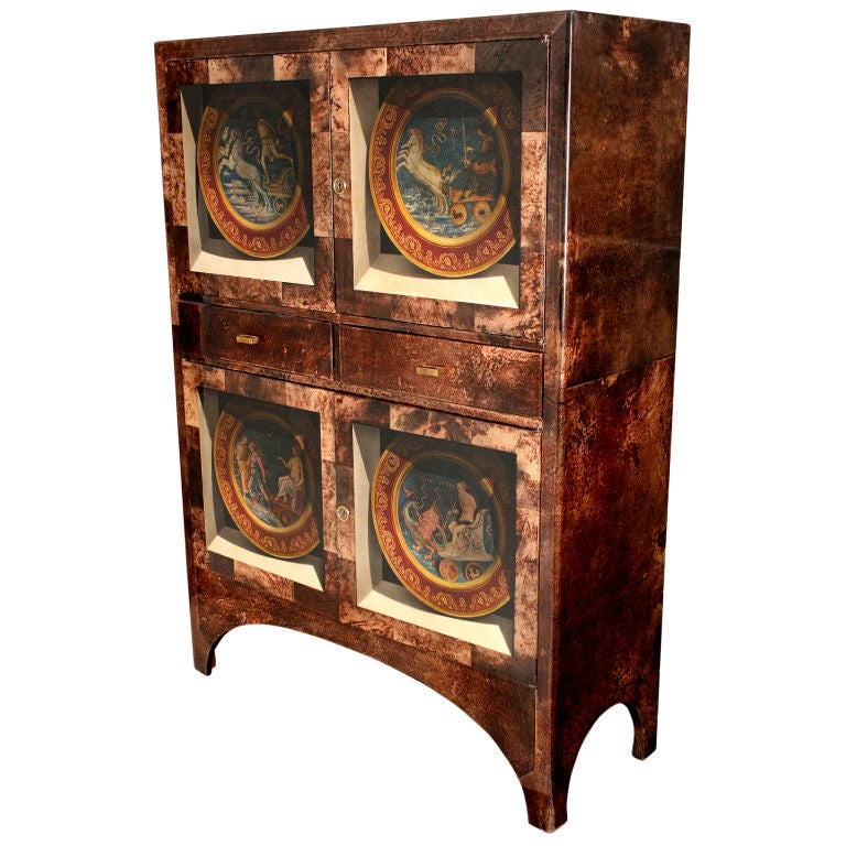 Incredible Optical Painted  Parchment Bar Cabinet by Aldo Tura For Sale