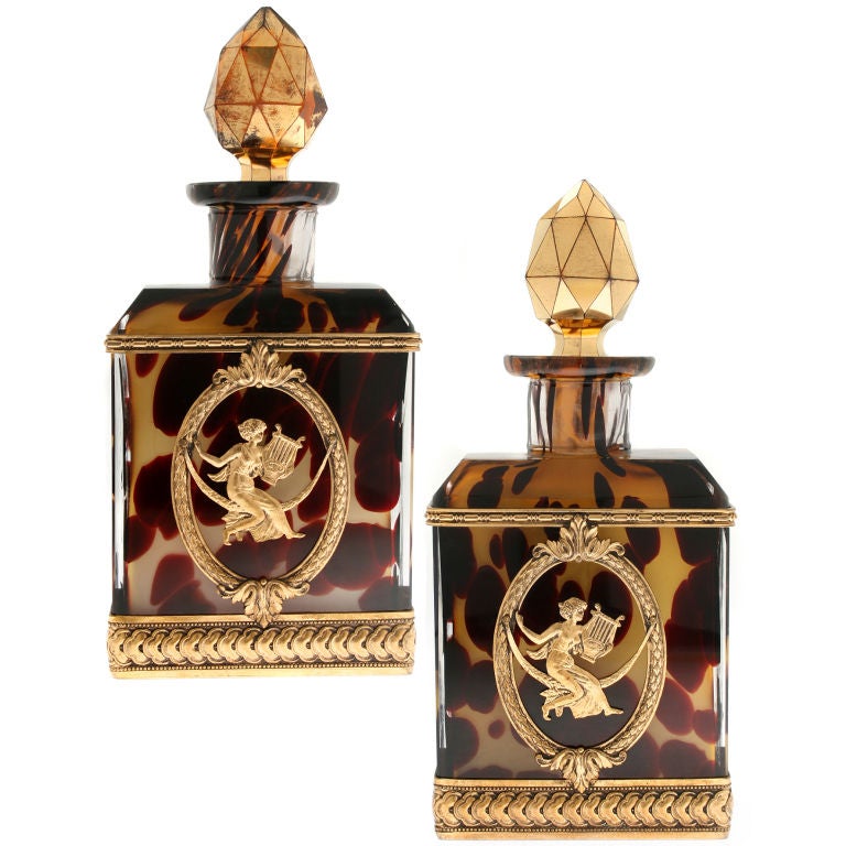 Pair of French Art Deco Tortoise Glass Perfume Bottles