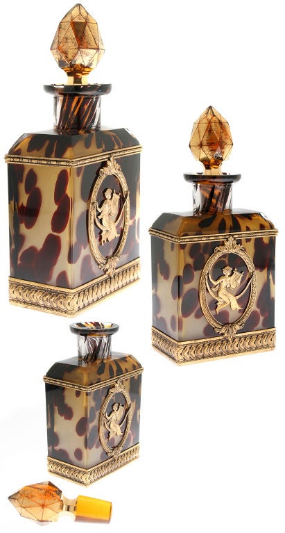 20th Century Pair of French Art Deco Tortoise Glass Perfume Bottles