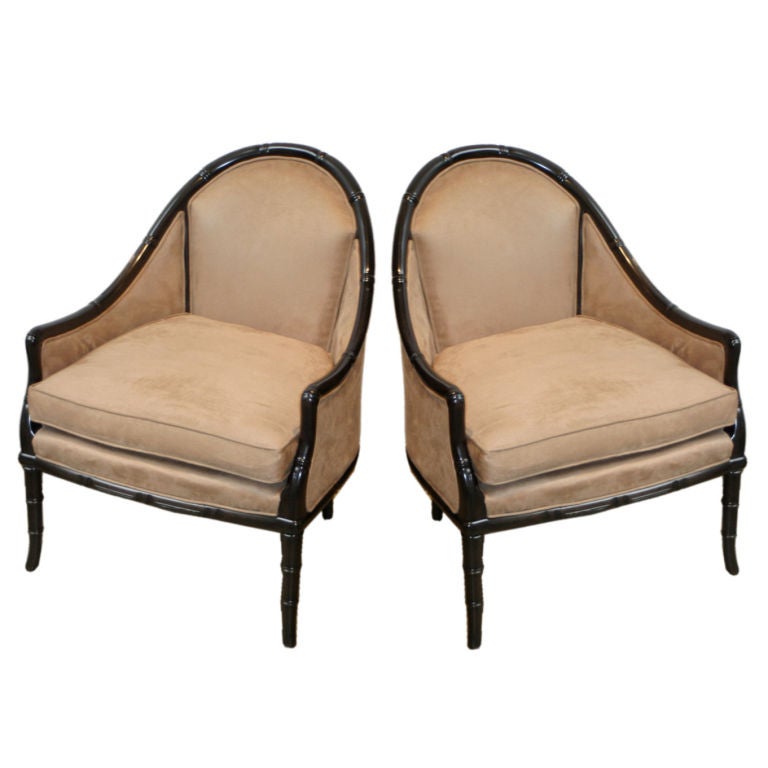 Pair of Mid century bergeres with Faux bamboo frames