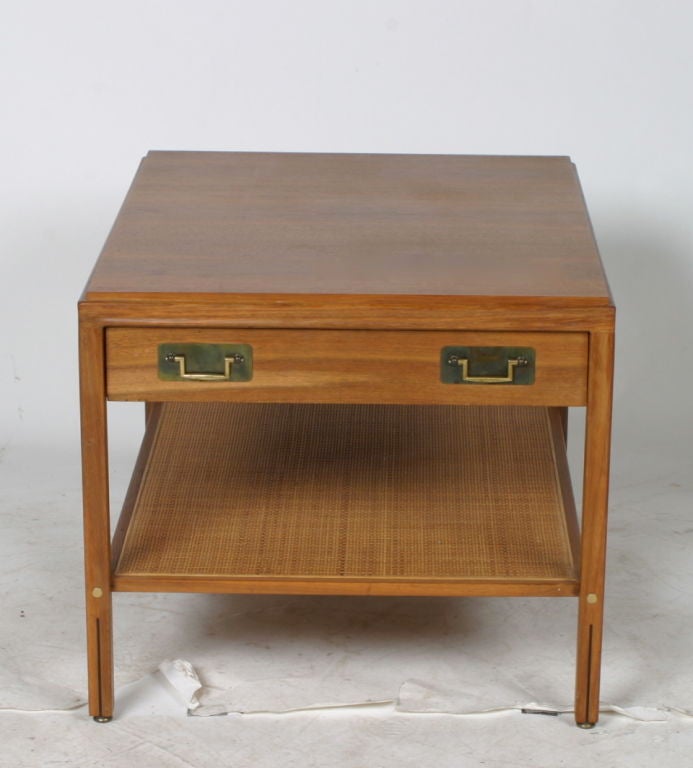 Pair of Walnut and cane end tables with brass pulls