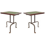 Pair of wrought iron and suede side tables