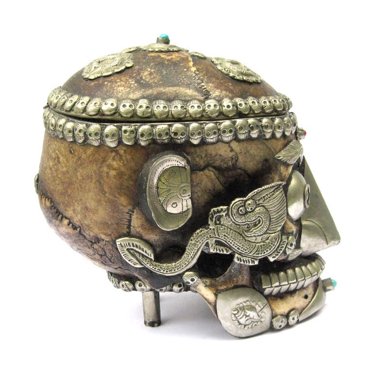 20th Century Striking Tibettan Monk's silver-clad Skull
