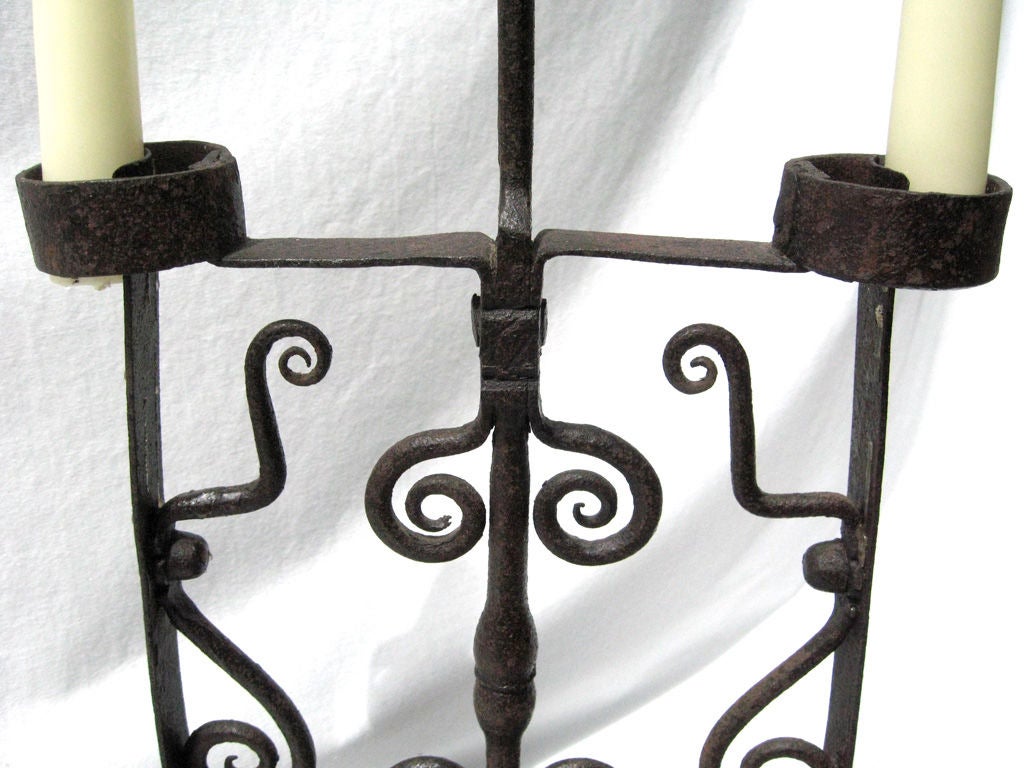 18th Century and Earlier Fine 17th c. Spanish wrought iron Candlestick For Sale