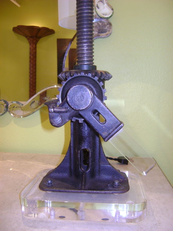 Interesting Table Lamp - Antique Car Jack with Lucite Base