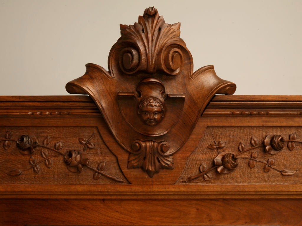 19th Century c.1880 French Hand-Carved Walnut Bed with Cherubs