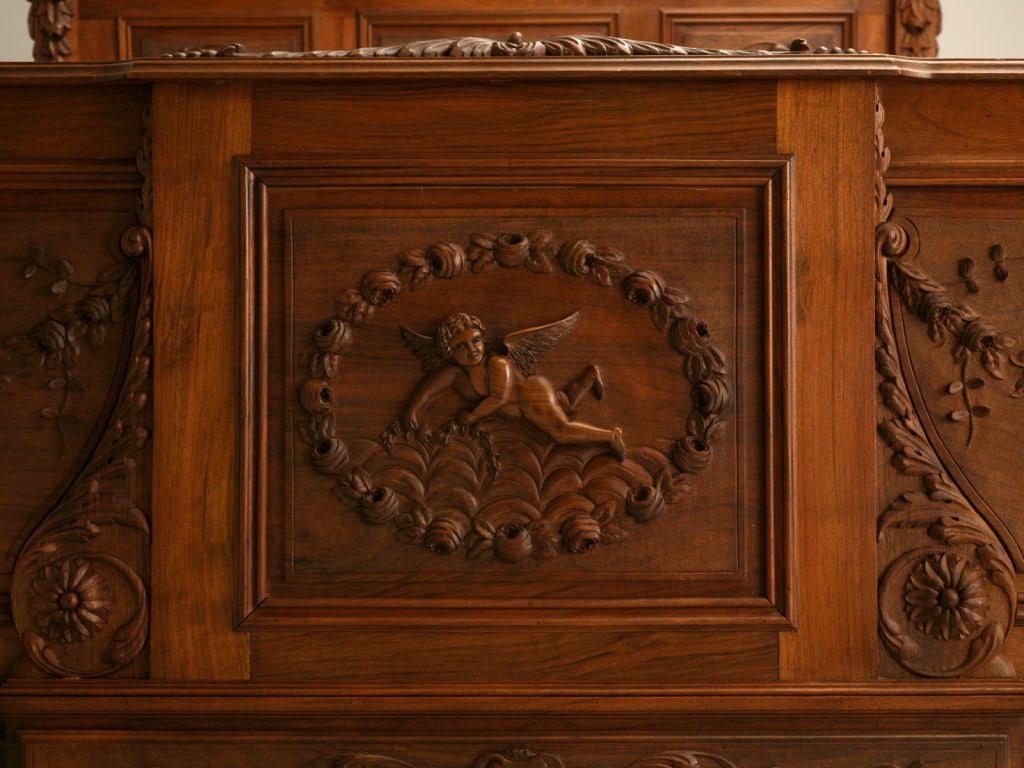 c.1880 French Hand-Carved Walnut Bed with Cherubs 7