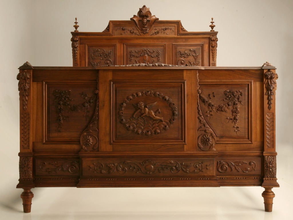 c.1880 French Hand-Carved Walnut Bed with Cherubs 6