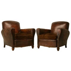 c.1940 Pair of Original Unrestored French Leather Club Chairs