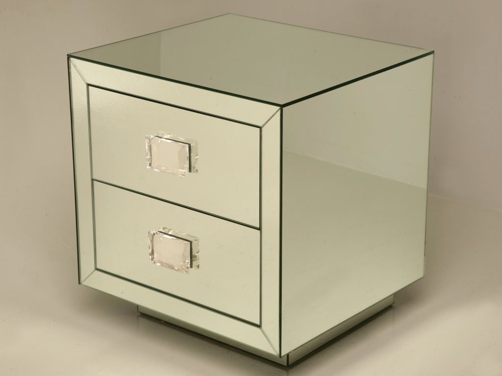 Handmade here at Old Plank Road several years ago in a limited edition of four units, we proudly offer you this marvelous two-drawer mirrored commode. Built to last a lifetime, the quality is absolutely amazing, recognizable as soon as you open a