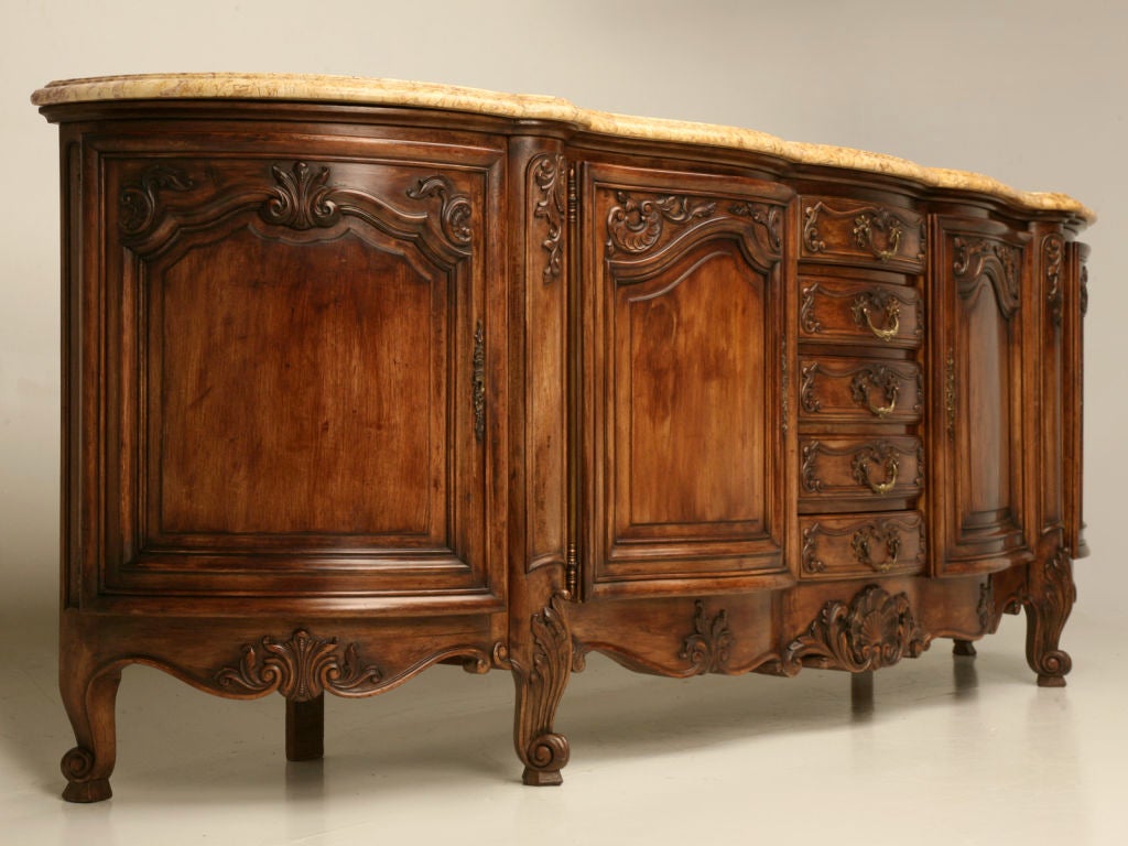 c.1930 Vintage French Walnut 114" Louis XV Buffet w/Marble Top