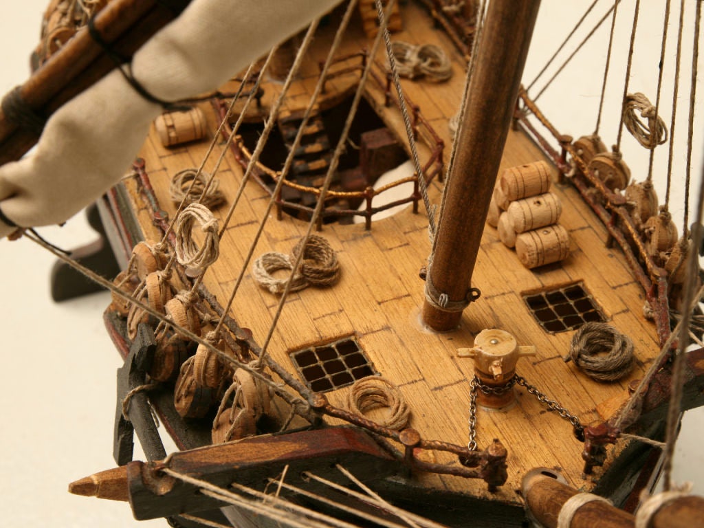 Handmade Vintage French Folk Art Pirate's Ship Model on Stand 1