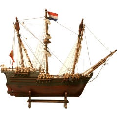 Handmade Vintage French Folk Art Pirate's Ship Model on Stand