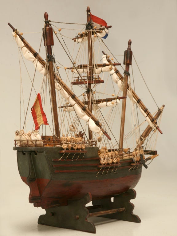 Handmade Vintage French Folk Art Pirate's Ship Model on Stand 5