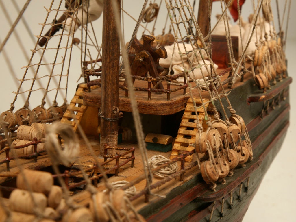 Handmade Vintage French Folk Art Pirate's Ship Model on Stand 3