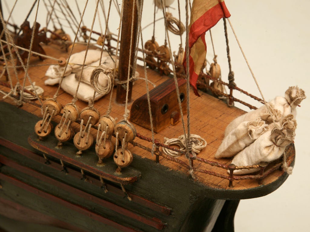 Handmade Vintage French Folk Art Pirate's Ship Model on Stand 4