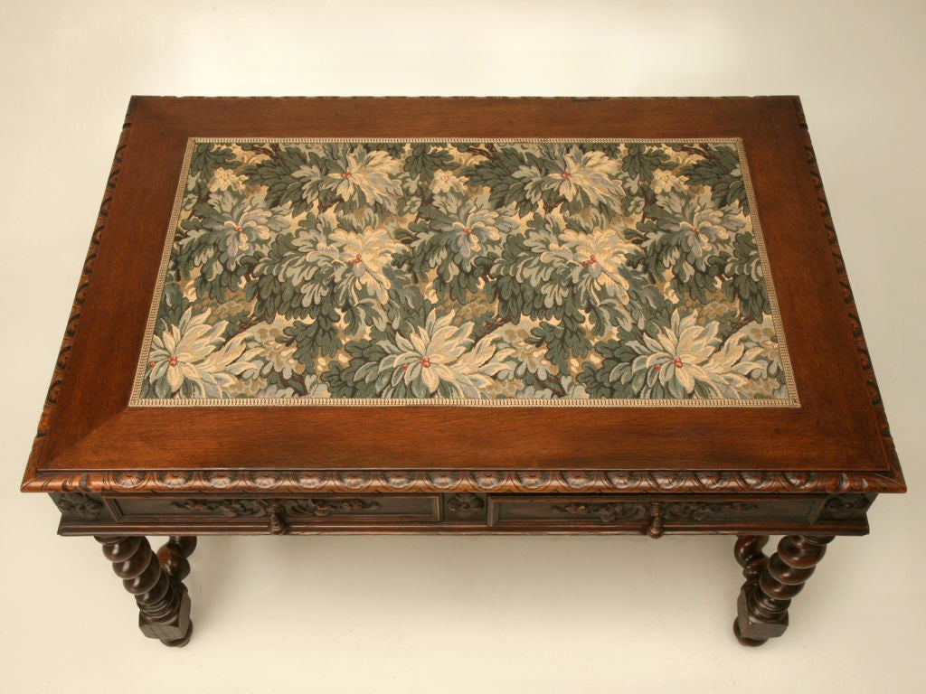19th Century c.1890 French Oak Louis XIII Tapestry Top Desk w/2 Drawers