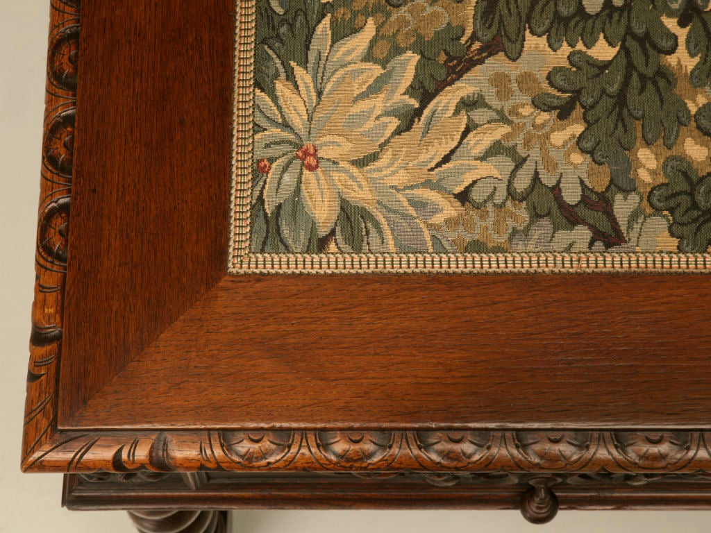 c.1890 French Oak Louis XIII Tapestry Top Desk w/2 Drawers 1