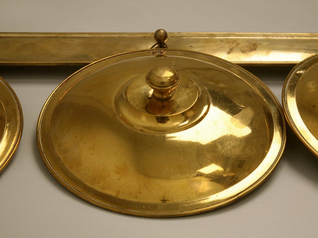 c.1930 French Brass Graduated Pot Lids on Wall Rack 3